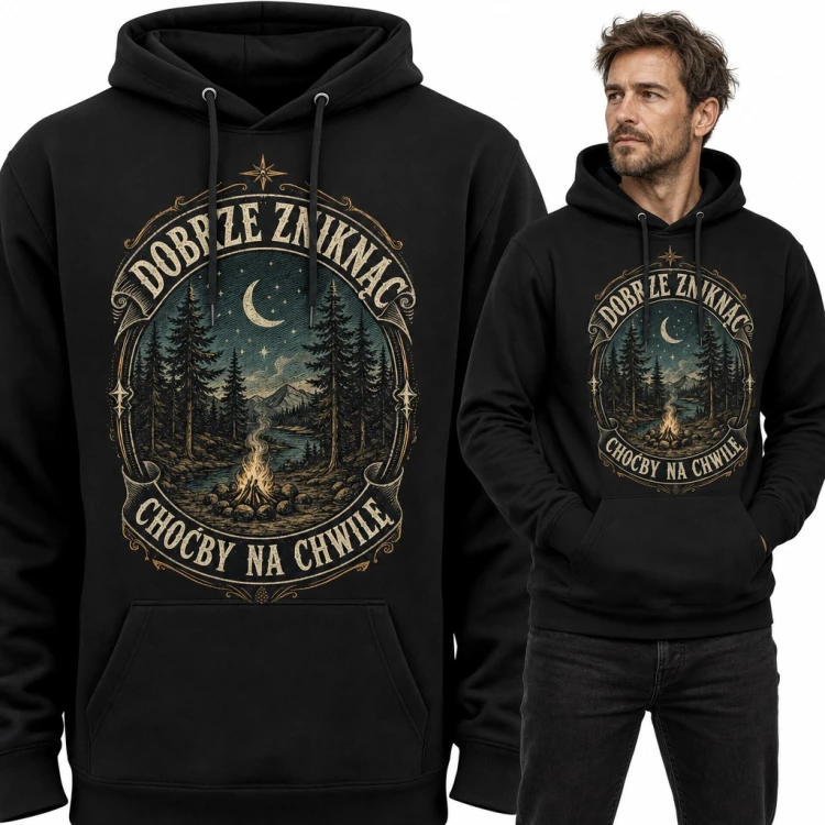Bluza męska z kapturem „Dobrze zniknąć choćby na chwilę” - ognisko w nocnym lesie