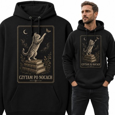Bluza męska z kapturem - kot na stosie książek „Czytam po nocach”