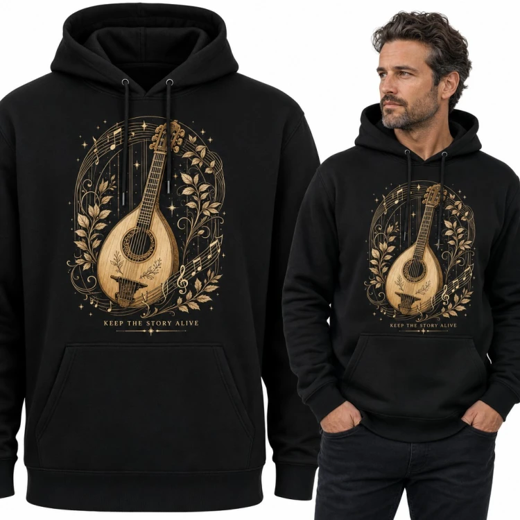 Bluza męska z kapturem - mandolina w złotym ornamencie z nutami „Keep the story alive”