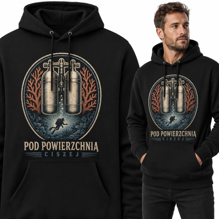 Bluza męska z kapturem - nurek i butle nurkowe „Pod powierzchnią ciszej”