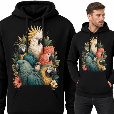 Bluza męska z kapturem - kolorowe papugi ara i kakadu wśród tropikalnych kwiatów