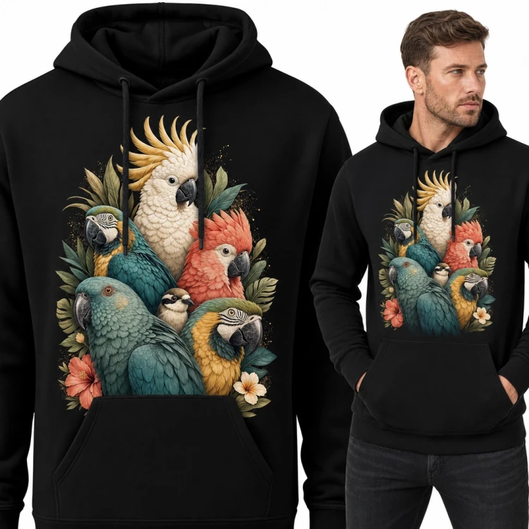 Bluza męska z kapturem - kolorowe papugi ara i kakadu wśród tropikalnych kwiatów