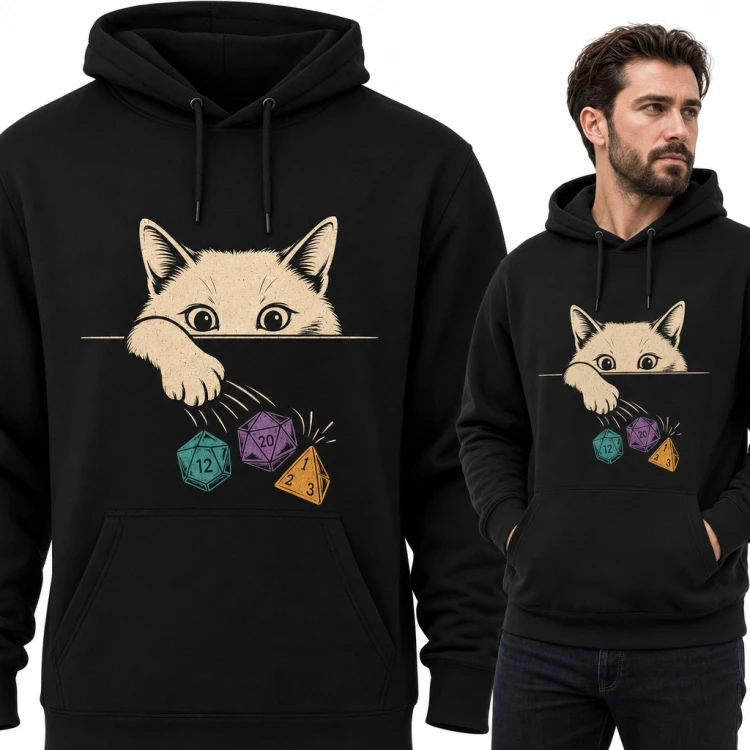 Bluza męska z kapturem - kot zrzucający kości RPG d20 dla gracza