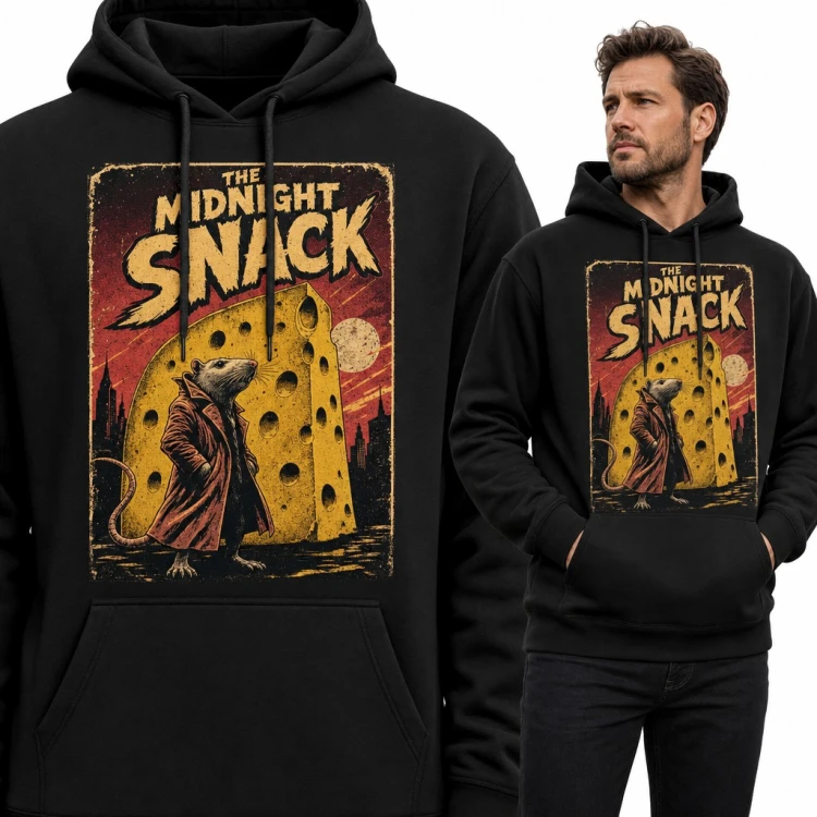 Bluza męska z kapturem - szczur w płaszczu i wielki ser „The Midnight Snack”