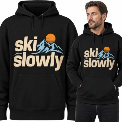 Bluza męska z kapturem „Ski slowly” - retro góry i słońce dla narciarza