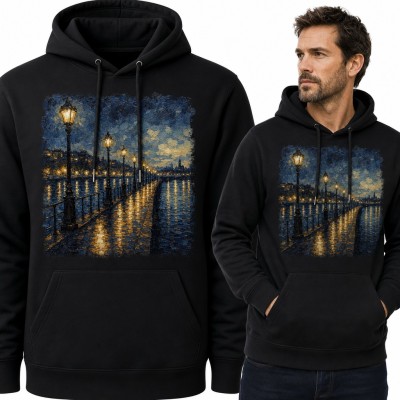 Bluza męska z kapturem - nocny bulwar z latarniami w stylu Van Gogha