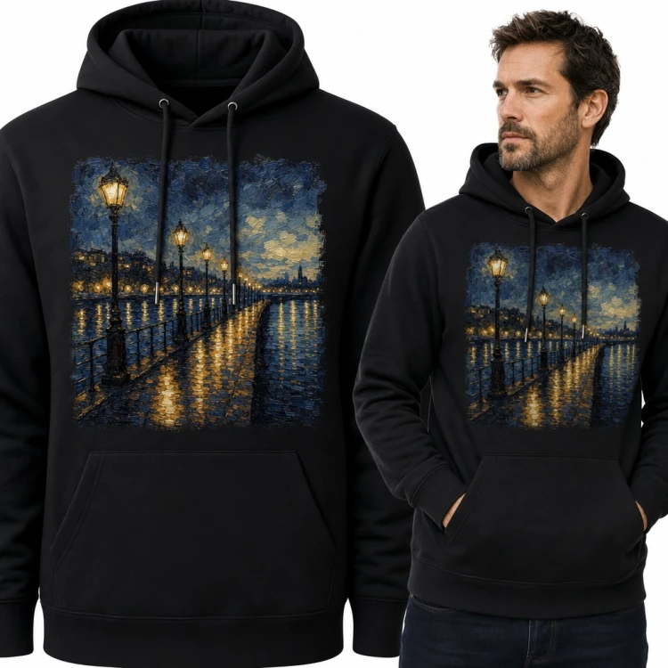 Bluza męska z kapturem - nocny bulwar z latarniami w stylu Van Gogha