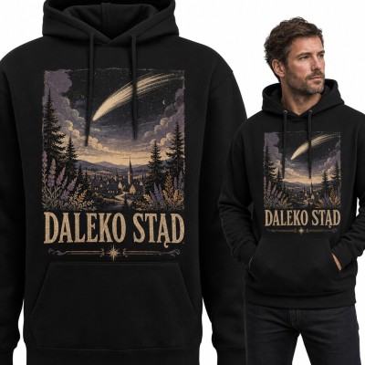 Bluza męska z kapturem - kometa nad nocnym miasteczkiem w lesie „Daleko stąd”