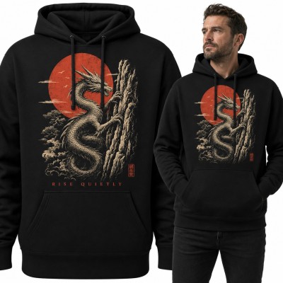 Bluza męska z kapturem - japoński smok na tle czerwonego słońca „Rise quietly”