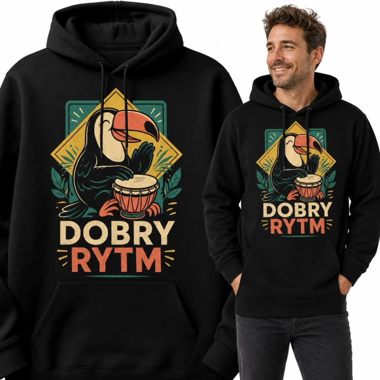 Bluza męska z kapturem - tukan grający na djembe „Dobry rytm”