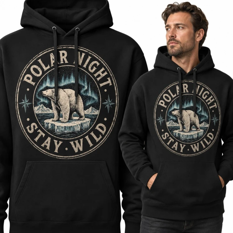 Bluza męska z kapturem „Polar Night - Stay Wild” - niedźwiedź polarny i zorza