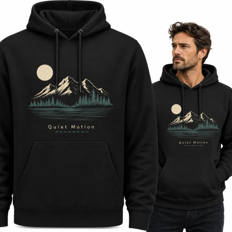 Bluza męska z kapturem - górski krajobraz z jeziorem i księżycem „Quiet Motion”