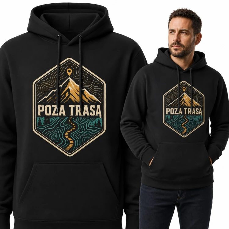 Bluza męska z kapturem - górska odznaka „Poza trasą” ze szlakiem i szczytem