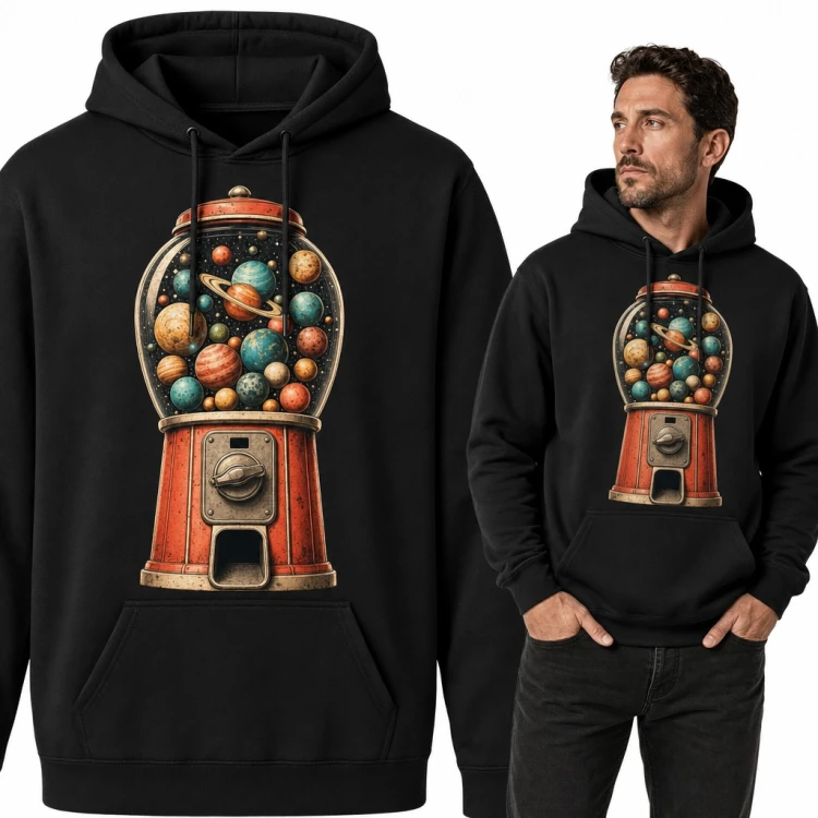 Bluza męska z kapturem - retro automat z gumami pełen planet