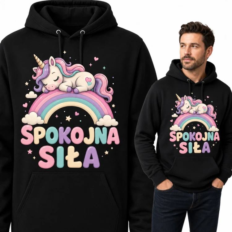 Bluza męska z kapturem - śpiący jednorożec na tęczy „Spokojna siła”