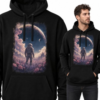 Bluza męska z kapturem - astronauta na polu róż i ogromna planeta