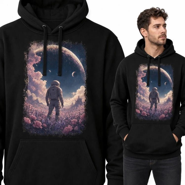 Bluza męska z kapturem - astronauta na polu róż i ogromna planeta