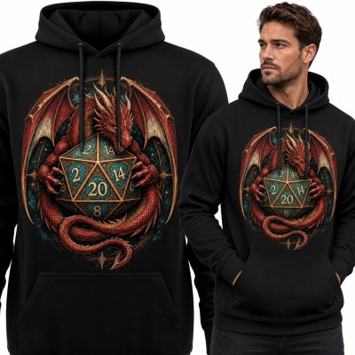 Bluza męska z kapturem - czerwony smok z kością D20 dla gracza RPG