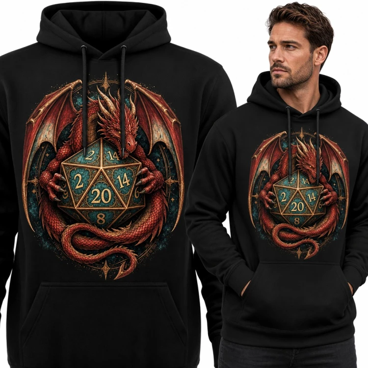 Bluza męska z kapturem - czerwony smok z kością D20 dla gracza RPG
