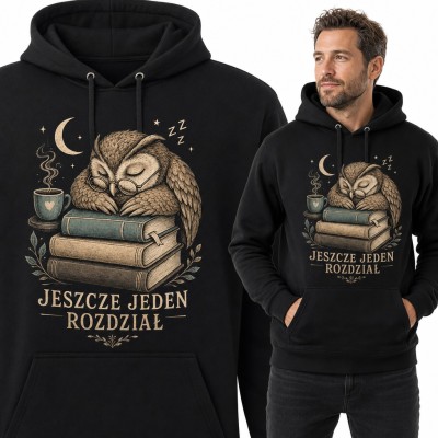 Bluza męska z kapturem - śpiąca sowa na książkach „Jeszcze jeden rozdział”