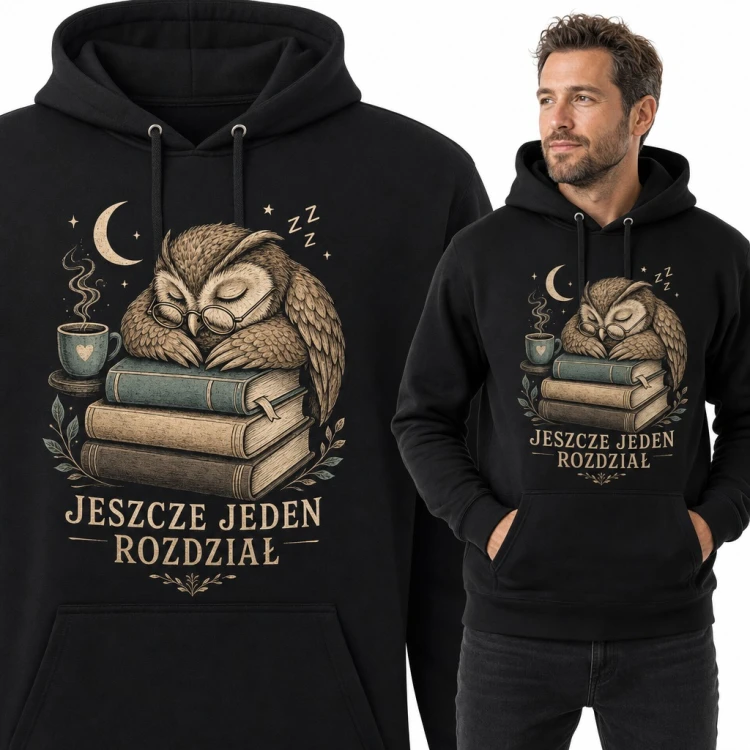 Bluza męska z kapturem - śpiąca sowa na książkach „Jeszcze jeden rozdział”