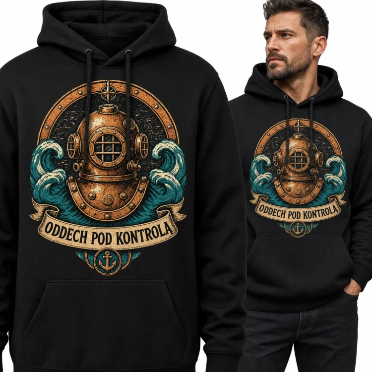 Bluza męska z kapturem - hełm nurkowy w stylu retro „Oddech pod kontrolą” dla nurka
