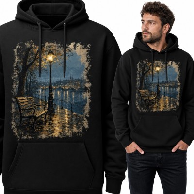Bluza męska z kapturem - nocny bulwar z latarnią i ławką nad rzeką