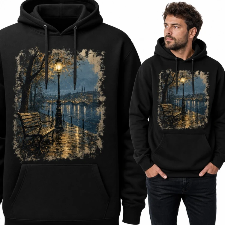 Bluza męska z kapturem - nocny bulwar z latarnią i ławką nad rzeką