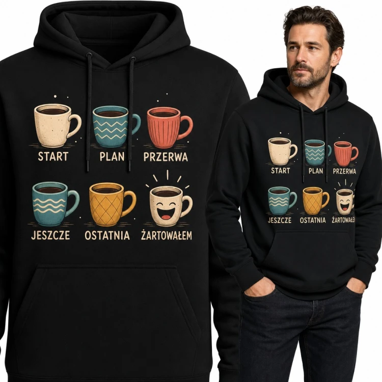 Bluza męska z kapturem - sześć kubków kawy i śmiejący się kubek dla kawosza