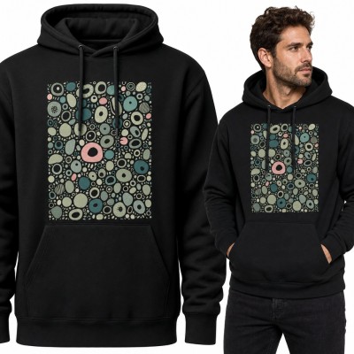 Bluza męska z kapturem - abstrakcyjna mozaika kół w odcieniach szałwii i różu