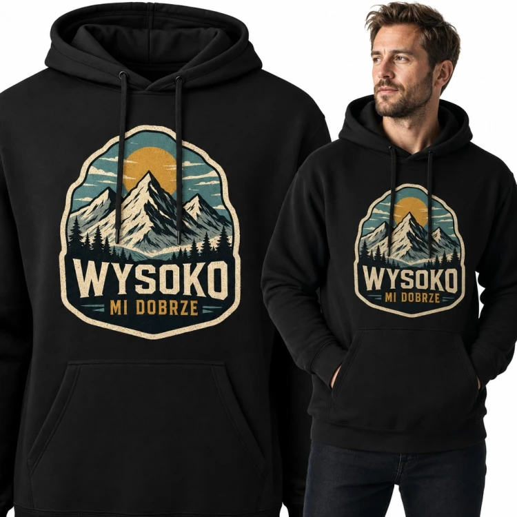 Bluza męska z kapturem „Wysoko mi dobrze” - górski emblemat dla turysty