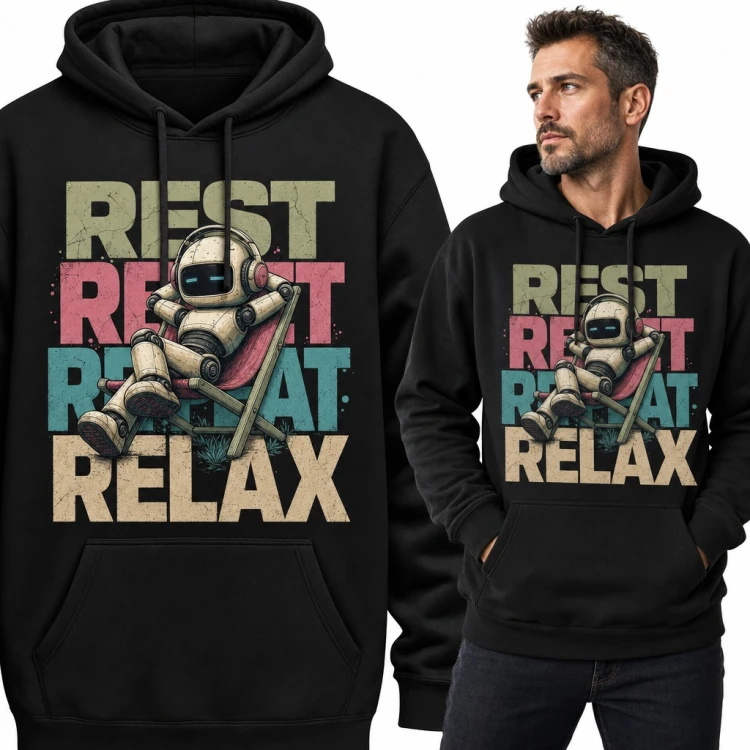 Bluza męska z kapturem - robot na leżaku w słuchawkach „Rest Reset Repeat Relax”