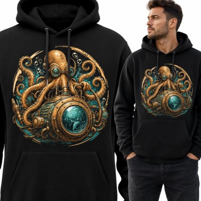 Bluza męska z kapturem - steampunkowa ośmiornica w goglach i mosiężna łódź podwodna
