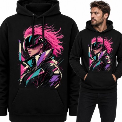 Bluza męska z kapturem - cyberpunkowa wojowniczka z różowymi włosami w wizjerze