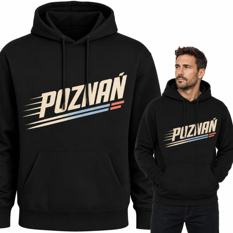 Bluza męska z kapturem - „Poznań” w retro stylu z liniami prędkości