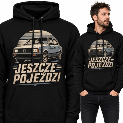 Bluza męska z kapturem - stary sedan retro i napis „Jeszcze pojeździ” dla kierowcy