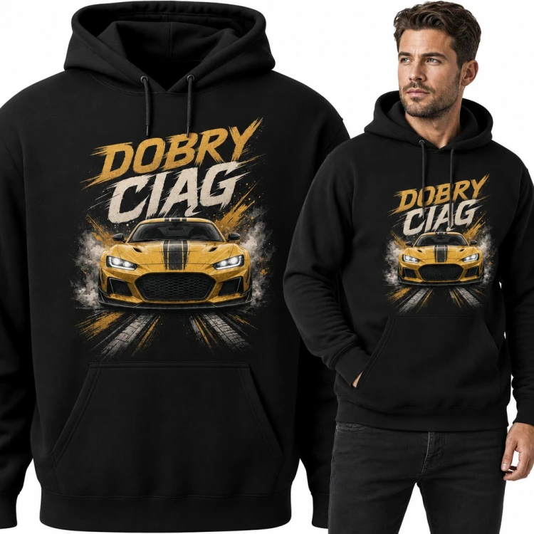 Bluza męska z kapturem - żółte sportowe auto i napis „Dobry ciąg”