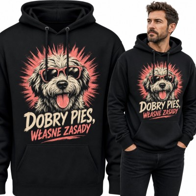 Bluza męska z kapturem - kudłaty pies w okularach i napis „Dobry pies, własne zasady”