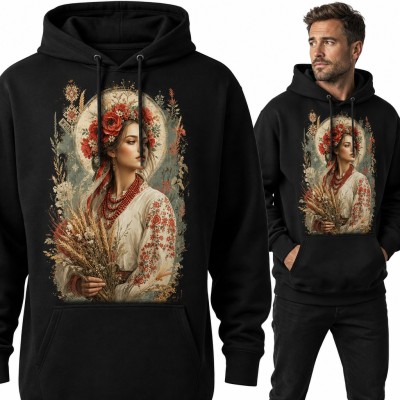 Bluza męska z kapturem - słowianka w wianku z makami i snopem zboża