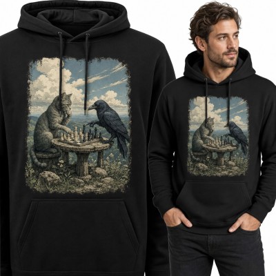 Bluza męska z kapturem - kot i kruk grający w szachy w górach