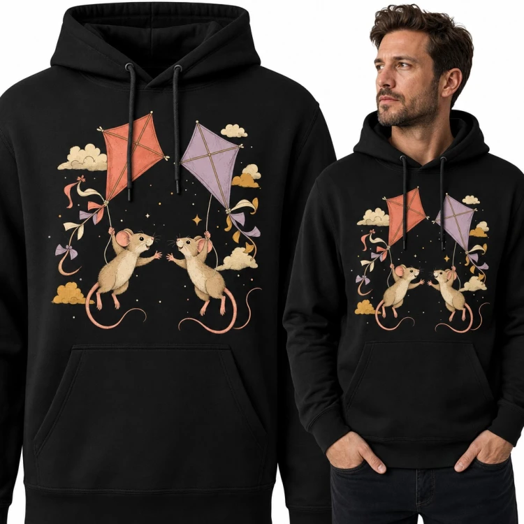 Bluza męska z kapturem - dwie myszki z latawcami wśród chmur