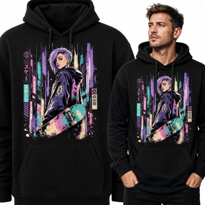 Bluza męska z kapturem - skaterka anime z deskorolką w neonowym Tokio