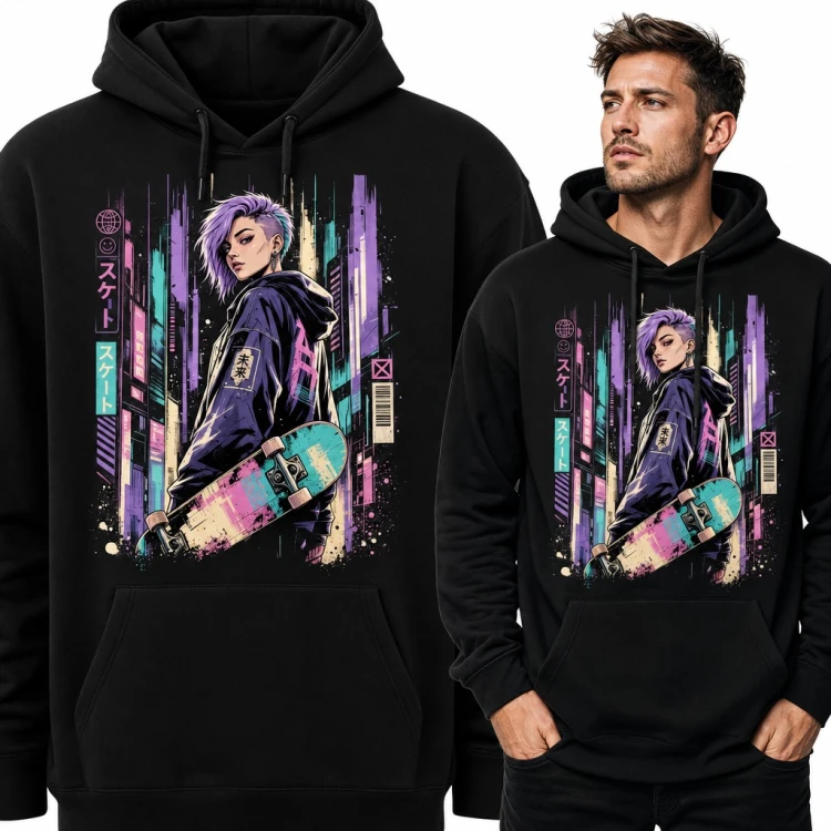 Bluza męska z kapturem - skaterka anime z deskorolką w neonowym Tokio