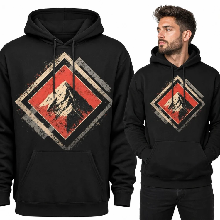 Bluza męska z kapturem - górski szczyt w czerwonym rombie w stylu retro