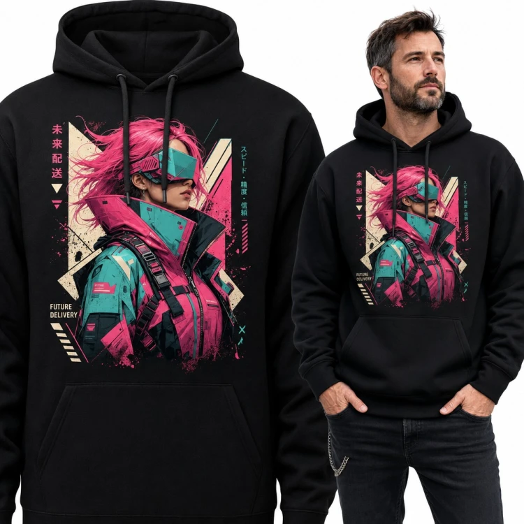 Bluza męska z kapturem - cyberpunkowa kurierka w wizjerze „Future Delivery”