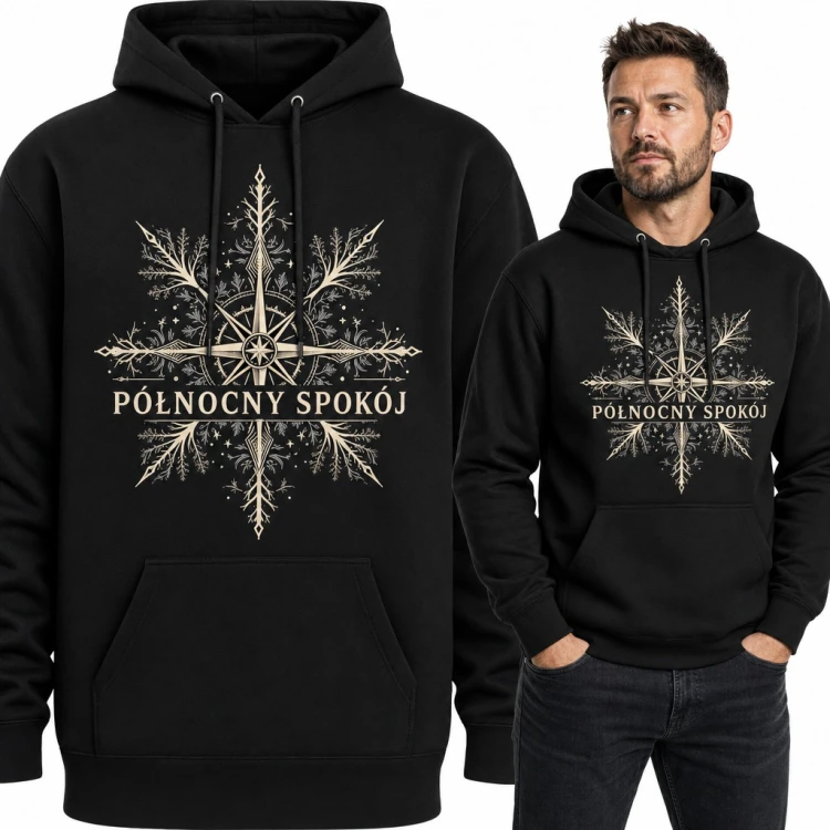 Bluza męska z kapturem - róża wiatrów i śnieżynka „Północny spokój”