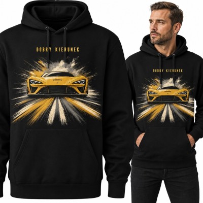 Bluza męska z kapturem - żółte sportowe auto i napis „Dobry kierunek”