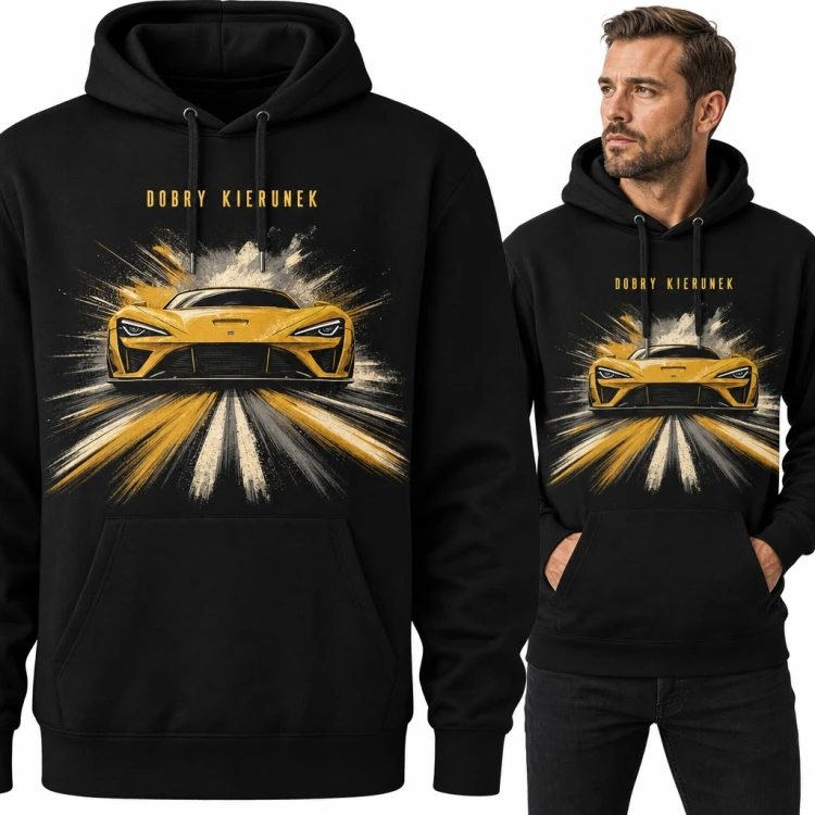 Bluza męska z kapturem - żółte sportowe auto i napis „Dobry kierunek”
