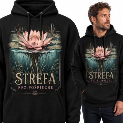 Bluza męska z kapturem - lotos na stawie i napis „Strefa bez pośpiechu”