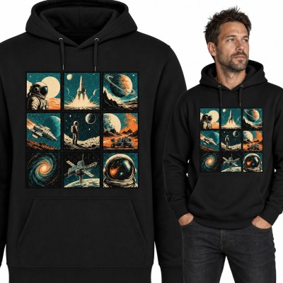 Bluza męska z kapturem - retro kosmos w dziewięciu kadrach z astronautą i rakietą